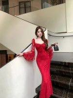 Women's Lace Hollow Square Neck Flared Sleeve Slim Bodycon Dress - Image 9