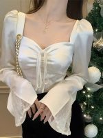 Women’s French Style Patchwork Square Neck White Blouse – Unique Short Fit Long Sleeve Winter Top - Image 3