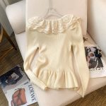 Korean Contrast Color Ruffle Button Sweater – Slim Fit French Style Top for Women - Image 9