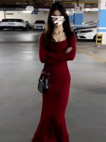Red Square Neck Bodycon Long Dress for Women Inner Layer Elegant Slim Fit Dress - Image 3