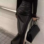 Black PU Leather High-Waist Midi Skirt – Sexy Slimming Bodycon Skirt with Slit for Spring