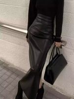 Black PU Leather High-Waist Midi Skirt – Sexy Slimming Bodycon Skirt with Slit for Spring