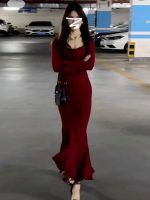 Red Square Neck Bodycon Long Dress for Women Inner Layer Elegant Slim Fit Dress - Image 4