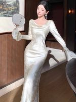 Satin Low-Neck Flared Sleeve Bodycon Dress - Image 4