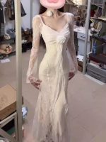 Women’s V-Neck Lace Patchwork Floral Long Sleeve Dress - Image 4