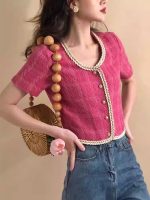 Plum Purple French Style Cropped Jacket – Vintage Woven Short Sleeve Chanel-Inspired Top
