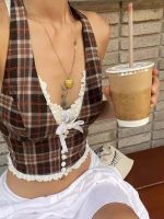 Sexy Lace Plaid Halter Top