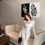 Women’s V-Neck Lace Patchwork Floral Long Sleeve Dress