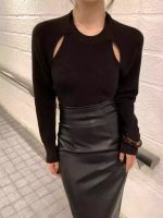 Black PU Leather High-Waist Midi Skirt – Sexy Slimming Bodycon Skirt with Slit for Spring - Image 9