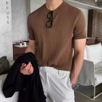 Men’s Slim Fit Ice Silk Striped Knit T-Shirt – Lightweight Draped Short Sleeve Top