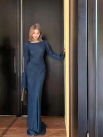 Blue Vintage Slim Long Sleeve Bodycon Dress - Image 2