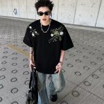 Men’s Street Retro Floral Embroidery Loose Tee