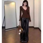 V-Neck Lace Knit Top for Women – Faux Two-Piece Long Sleeve - Image 11