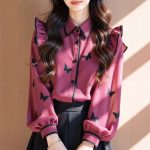 Rose Red Butterfly Print Puff Sleeve Top – Women's Flying Sleeve Blouse - Image 4