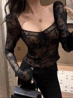Square Neck Lace Bow Tie Long Sleeve Top – Elegant Slim Fit Autumn Blouse - Image 5
