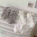 Spring Summer Grey Bow Cotton Slouch Socks - Image 2