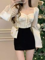 Women’s French Style Patchwork Square Neck White Blouse – Unique Short Fit Long Sleeve Winter Top - Image 6