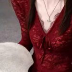 Red Brushed Lace Long Sleeve Top for Women