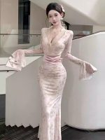 Lace Trim V-Neck Flared Sleeve Maxi Dress – Slim Fit Fishtail Elegant Evening Gown - Image 5