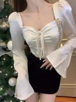 Women’s French Style Patchwork Square Neck White Blouse – Unique Short Fit Long Sleeve Winter Top - Image 4