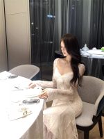 Women’s V-Neck Lace Patchwork Floral Long Sleeve Dress - Image 11