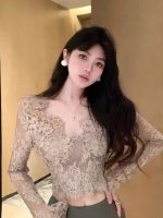 Women’s Sexy V-Neck Lace Crop Top Slim Fit Solid Color Long Sleeve Shirt - Image 4