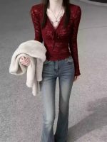 Red Brushed Lace Long Sleeve Top for Women - Image 2