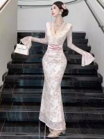 Lace Trim V-Neck Flared Sleeve Maxi Dress – Slim Fit Fishtail Elegant Evening Gown - Image 4