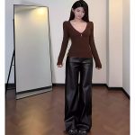 V-Neck Lace Knit Top for Women – Faux Two-Piece Long Sleeve - Image 10