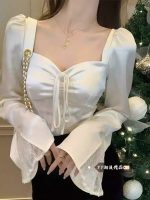 Women’s French Style Patchwork Square Neck White Blouse – Unique Short Fit Long Sleeve Winter Top - Image 8