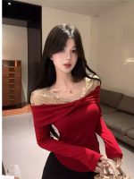 Red Off-Shoulder Bow Long Sleeve Top for Women - Image 5