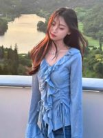 Women’s V-Neck Ruffle Long Sleeve Shirt – 2025 Spring Summer Slim Fit Sun Protection Top - Image 7