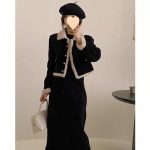 Fleece Lined Tweed Style Two Piece Outfit Slimming Jacket and Skirt Set - Image 5