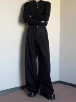 American Retro Black Fleece-Lined Wide-Leg Trousers – Men's Loose Fit Straight Casual Pants for Autumn & Winter