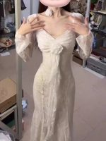 Women’s V-Neck Lace Patchwork Floral Long Sleeve Dress - Image 9