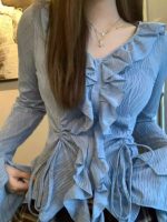 Women’s V-Neck Ruffle Long Sleeve Shirt – 2025 Spring Summer Slim Fit Sun Protection Top - Image 8