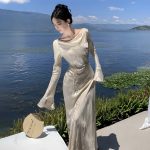 Women's Modern Style Long Sleeve Draped Bodycon Evening Dress - Image 2