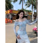 Blue Plaid One-Shoulder Mesh Long Sleeve T-Shirt for Women – Slim Fit Off-Shoulder Top - Image 6