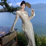 Women's Modern Style Long Sleeve Draped Bodycon Evening Dress - Image 4