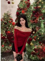 Red Off-Shoulder Bow Long Sleeve Top for Women - Image 2