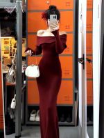 French Style Off Shoulder Bodycon Long Dress Women Elegant Fitted Base Dress - Image 3
