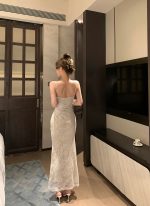 Women's White Lace Backless Ruched Camisole Bodycon Maxi Dress - Image 3