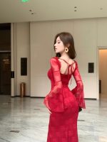 Women's Lace Hollow Square Neck Flared Sleeve Slim Bodycon Dress - Image 7