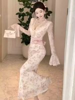 Lace Trim V-Neck Flared Sleeve Maxi Dress – Slim Fit Fishtail Elegant Evening Gown - Image 2