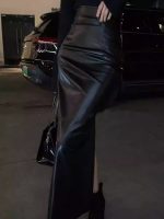 Black PU Leather High-Waist Midi Skirt – Sexy Slimming Bodycon Skirt with Slit for Spring - Image 4
