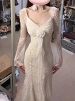 Women’s V-Neck Lace Patchwork Floral Long Sleeve Dress - Image 5