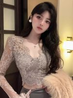 Women’s Sexy V-Neck Lace Crop Top Slim Fit Solid Color Long Sleeve Shirt - Image 3