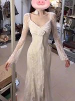 Women’s V-Neck Lace Patchwork Floral Long Sleeve Dress - Image 8