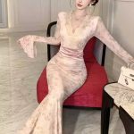 Lace Trim V-Neck Flared Sleeve Maxi Dress – Slim Fit Fishtail Elegant Evening Gown