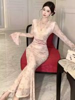Lace Trim V-Neck Flared Sleeve Maxi Dress – Slim Fit Fishtail Elegant Evening Gown